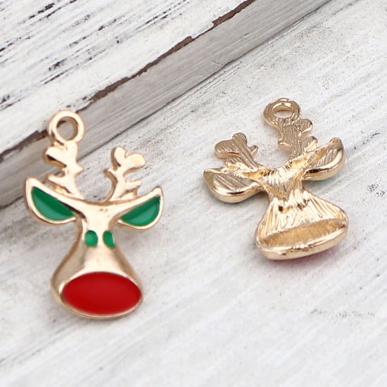 Immagine di Lega di Zinco Charms Renna di Natale Oro Placcato Rosso & Verde Smalto 21mm x 14mm , 10 Pz
