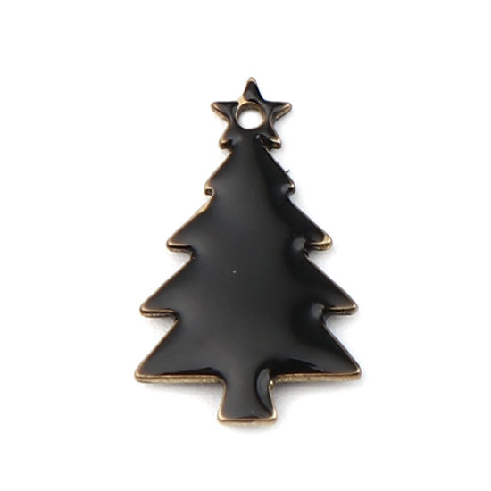 Picture of Brass Enamelled Sequins Charms Brass Color Black Christmas Tree 14mm x 7mm, 10 PCs