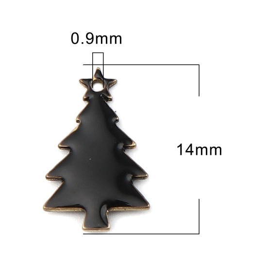 Picture of Brass Enamelled Sequins Charms Brass Color Black Christmas Tree 14mm x 7mm, 10 PCs