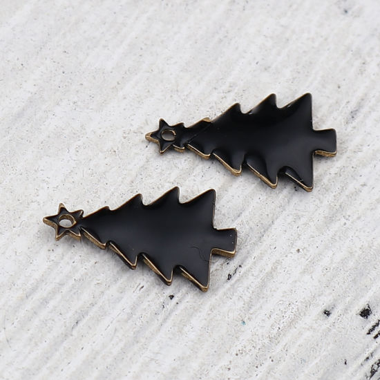 Picture of Brass Enamelled Sequins Charms Brass Color Black Christmas Tree 14mm x 7mm, 10 PCs