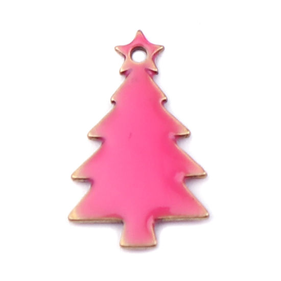 Picture of Brass Enamelled Sequins Charms Brass Color Fuchsia Christmas Tree 14mm x 7mm, 10 PCs