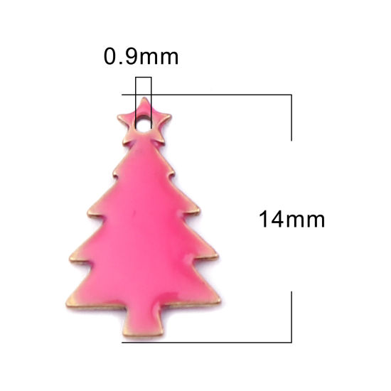 Picture of Brass Enamelled Sequins Charms Brass Color Fuchsia Christmas Tree 14mm x 7mm, 10 PCs