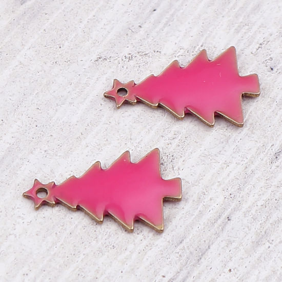 Picture of Brass Enamelled Sequins Charms Brass Color Fuchsia Christmas Tree 14mm x 7mm, 10 PCs