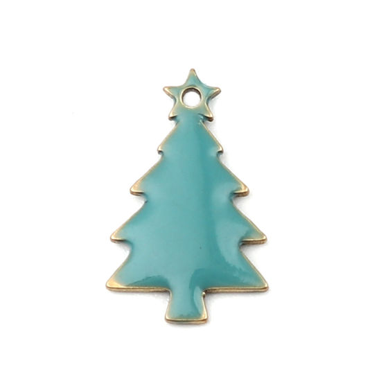 Picture of Brass Enamelled Sequins Charms Brass Color Lake Blue Christmas Tree 14mm x 7mm, 10 PCs