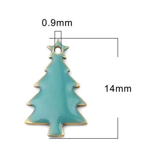 Picture of Brass Enamelled Sequins Charms Brass Color Lake Blue Christmas Tree 14mm x 7mm, 10 PCs