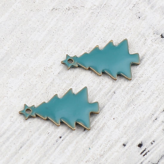 Picture of Brass Enamelled Sequins Charms Brass Color Lake Blue Christmas Tree 14mm x 7mm, 10 PCs