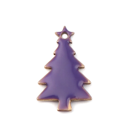 Picture of Brass Enamelled Sequins Charms Brass Color Purple Christmas Tree 14mm x 7mm, 10 PCs