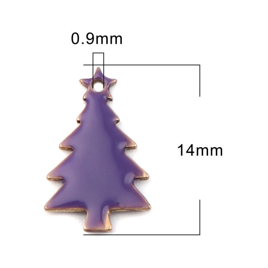 Picture of Brass Enamelled Sequins Charms Brass Color Purple Christmas Tree 14mm x 7mm, 10 PCs