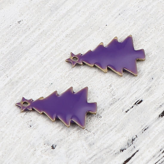 Picture of Brass Enamelled Sequins Charms Brass Color Purple Christmas Tree 14mm x 7mm, 10 PCs