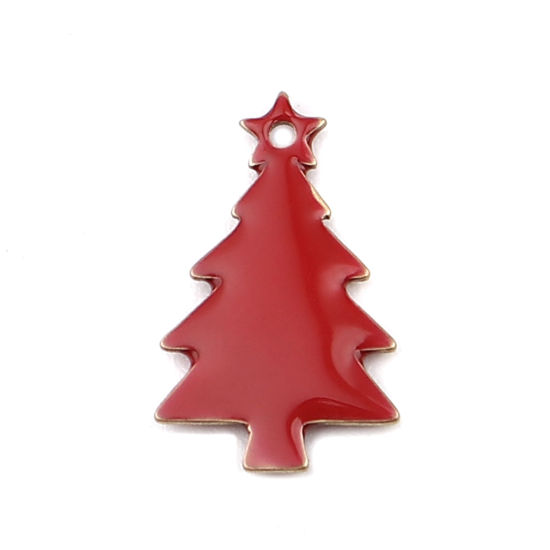 Picture of Brass Enamelled Sequins Charms Brass Color Red Christmas Tree 14mm x 7mm, 10 PCs