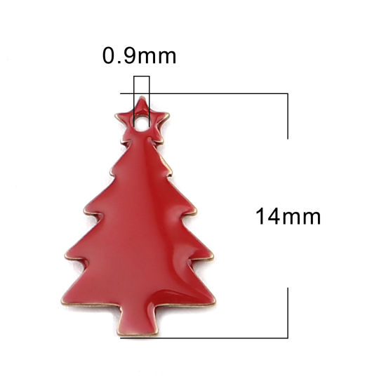 Picture of Brass Enamelled Sequins Charms Brass Color Red Christmas Tree 14mm x 7mm, 10 PCs