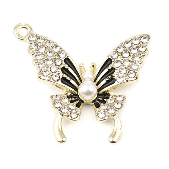 Picture of Zinc Based Alloy Micro Pave Charms Butterfly Insect Animal Gold Plated Black & White Acrylic Enamel Imitation Pearl Clear Rhinestone 24mm x 23mm, 3 PCs