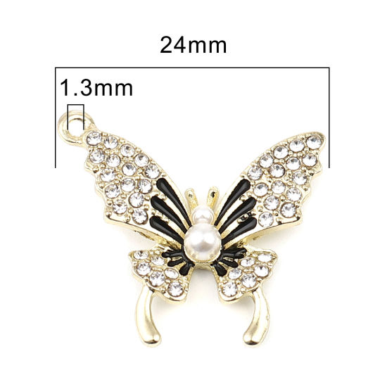 Picture of Zinc Based Alloy Micro Pave Charms Butterfly Insect Animal Gold Plated Black & White Acrylic Enamel Imitation Pearl Clear Rhinestone 24mm x 23mm, 3 PCs