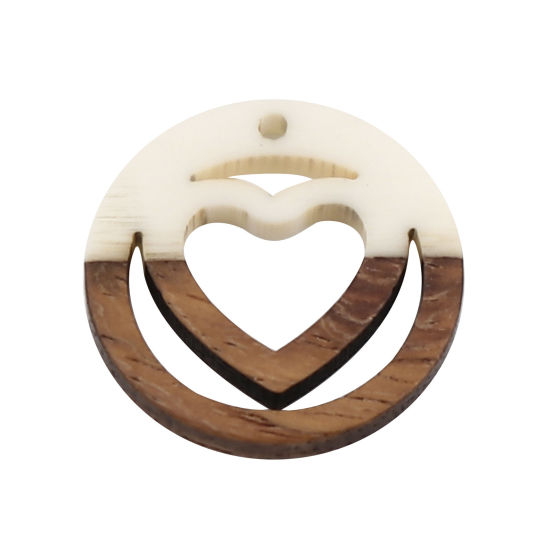 Image de Breloques en Résine Résine à Effet de Bois Naturel Rond Crème Cœur 25mm Dia, 5 Pcs