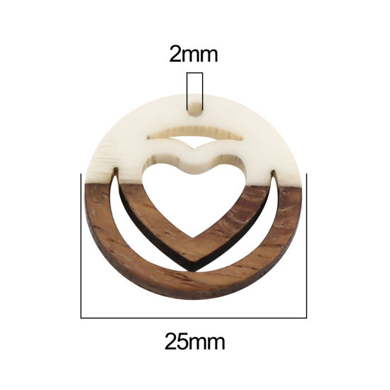 Image de Breloques en Résine Résine à Effet de Bois Naturel Rond Crème Cœur 25mm Dia, 5 Pcs