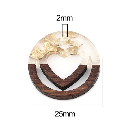 Image de Breloques en Résine Résine à Effet de Bois Naturel Rond Or Cœur à Strass Feuille d'etain 25mm Dia, 5 Pcs