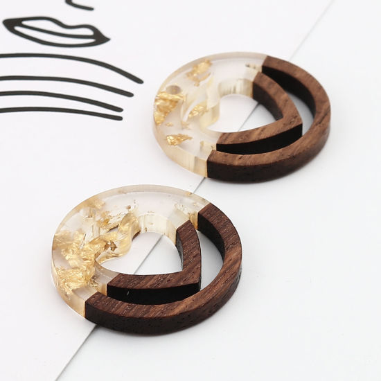 Image de Breloques en Résine Résine à Effet de Bois Naturel Rond Or Cœur à Strass Feuille d'etain 25mm Dia, 5 Pcs