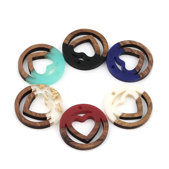 Image de Breloques en Résine Résine à Effet de Bois Naturel Rond Or Cœur à Strass Feuille d'etain 25mm Dia, 5 Pcs