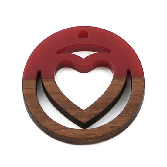 Image de Breloques en Résine Résine à Effet de Bois Naturel Rond Rouge Cœur 25mm Dia, 5 Pcs