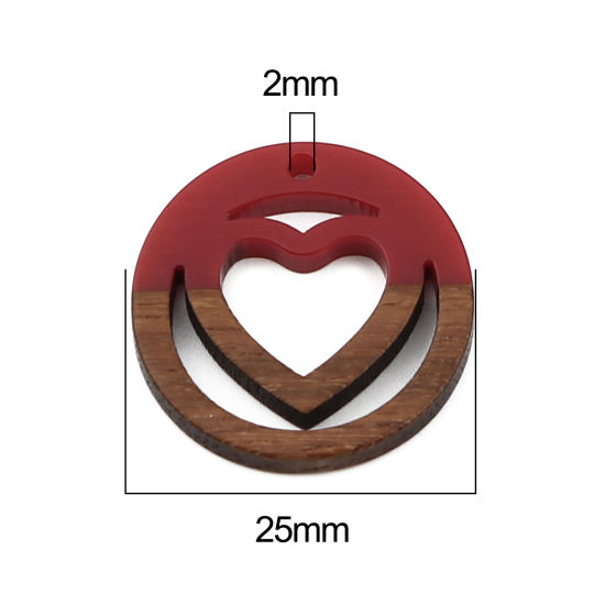 Image de Breloques en Résine Résine à Effet de Bois Naturel Rond Rouge Cœur 25mm Dia, 5 Pcs
