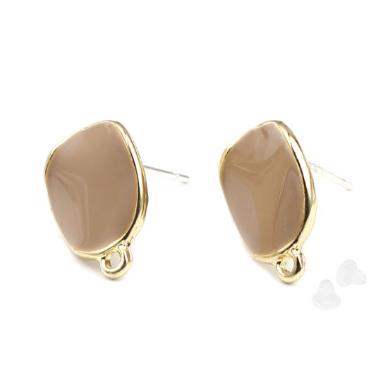 Image de Boucles d'Oreilles Puces en Alliage de Zinc Irrégulier Kaki Doré Rond avec Boucle 15mm x 12mm, Epaisseur de Fil: (21 gauge), 2 Paires
