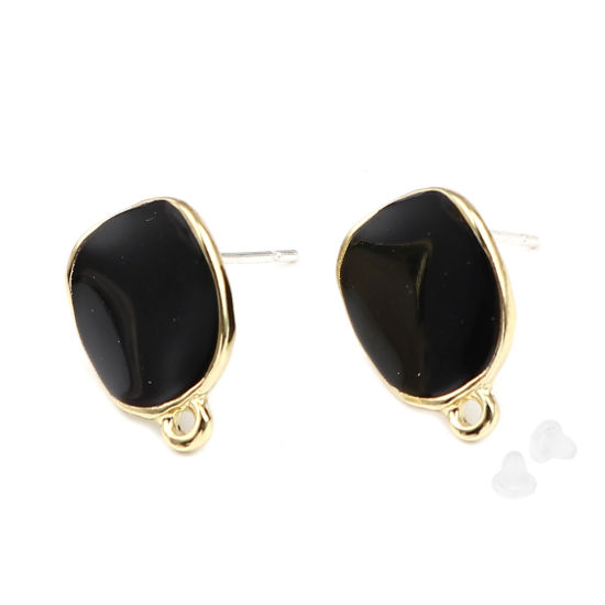Image de Boucles d'Oreilles Puces en Alliage de Zinc Irrégulier Noir Doré Rond avec Boucle 15mm x 12mm, Epaisseur de Fil: (21 gauge), 2 Paires