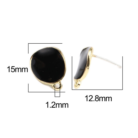 Image de Boucles d'Oreilles Puces en Alliage de Zinc Irrégulier Noir Doré Rond avec Boucle 15mm x 12mm, Epaisseur de Fil: (21 gauge), 2 Paires