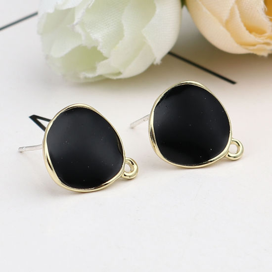 Image de Boucles d'Oreilles Puces en Alliage de Zinc Irrégulier Noir Doré Rond avec Boucle 15mm x 12mm, Epaisseur de Fil: (21 gauge), 2 Paires