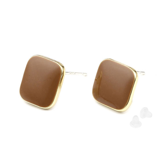 Image de Boucles d'Oreilles Puces en Alliage de Zinc Losange Café Doré avec Boucle 14mm x 14mm, Epaisseur de Fil: (21 gauge), 2 Paires