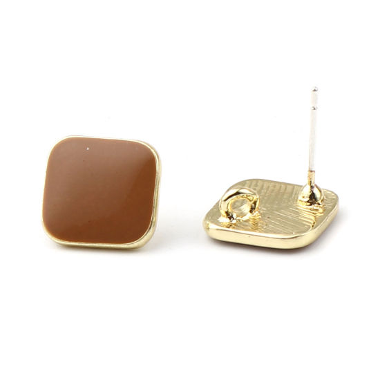 Image de Boucles d'Oreilles Puces en Alliage de Zinc Losange Café Doré avec Boucle 14mm x 14mm, Epaisseur de Fil: (21 gauge), 2 Paires
