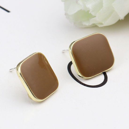 Image de Boucles d'Oreilles Puces en Alliage de Zinc Losange Café Doré avec Boucle 14mm x 14mm, Epaisseur de Fil: (21 gauge), 2 Paires