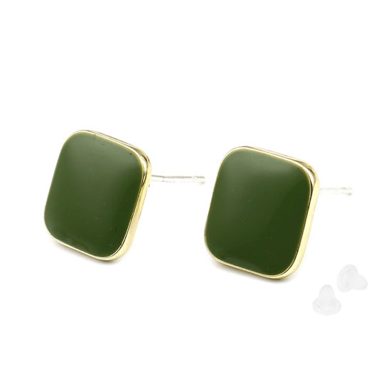 Image de Boucles d'Oreilles Puces en Alliage de Zinc Losange Vert Doré avec Boucle 14mm x 14mm, Epaisseur de Fil: (21 gauge), 2 Paires