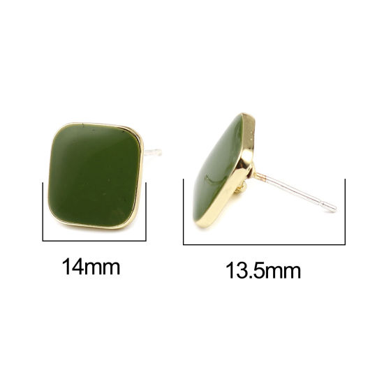 Image de Boucles d'Oreilles Puces en Alliage de Zinc Losange Vert Doré avec Boucle 14mm x 14mm, Epaisseur de Fil: (21 gauge), 2 Paires