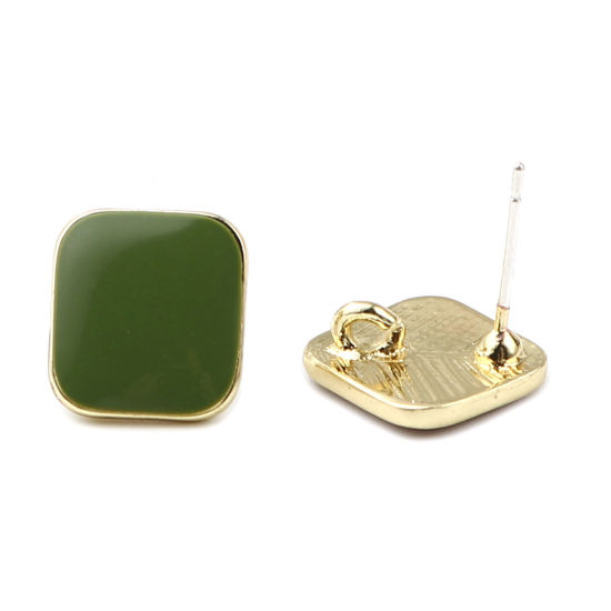 Image de Boucles d'Oreilles Puces en Alliage de Zinc Losange Vert Doré avec Boucle 14mm x 14mm, Epaisseur de Fil: (21 gauge), 2 Paires
