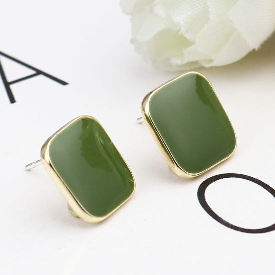 Image de Boucles d'Oreilles Puces en Alliage de Zinc Losange Vert Doré avec Boucle 14mm x 14mm, Epaisseur de Fil: (21 gauge), 2 Paires