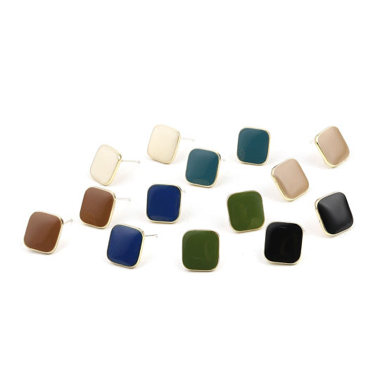 Image de Boucles d'Oreilles Puces en Alliage de Zinc Losange Saphir Doré avec Boucle 14mm x 14mm, Epaisseur de Fil: (21 gauge), 2 Paires