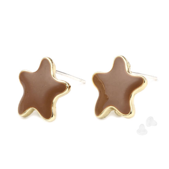Image de Boucles d'Oreilles Puces Bijoux d'Océan en Alliage de Zinc Etoile de Mer Café Doré avec Boucle 13mm x 13mm, Epaisseur de Fil: (21 gauge), 2 Paires