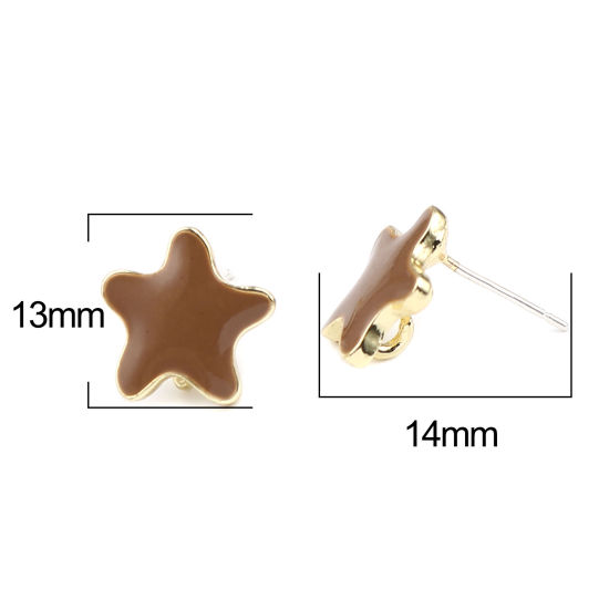 Image de Boucles d'Oreilles Puces Bijoux d'Océan en Alliage de Zinc Etoile de Mer Café Doré avec Boucle 13mm x 13mm, Epaisseur de Fil: (21 gauge), 2 Paires