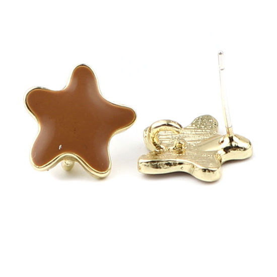 Image de Boucles d'Oreilles Puces Bijoux d'Océan en Alliage de Zinc Etoile de Mer Café Doré avec Boucle 13mm x 13mm, Epaisseur de Fil: (21 gauge), 2 Paires