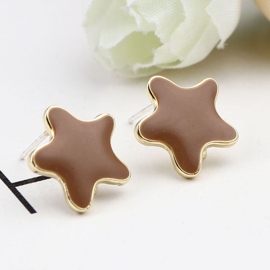 Image de Boucles d'Oreilles Puces Bijoux d'Océan en Alliage de Zinc Etoile de Mer Café Doré avec Boucle 13mm x 13mm, Epaisseur de Fil: (21 gauge), 2 Paires