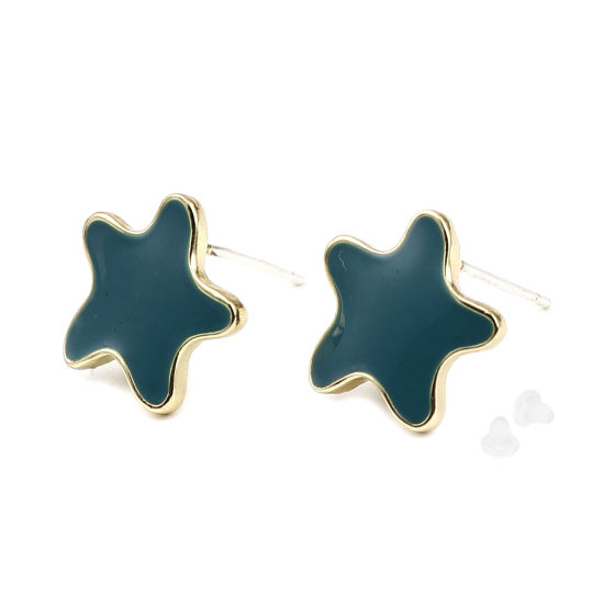 Image de Boucles d'Oreilles Puces Bijoux d'Océan en Alliage de Zinc Etoile de Mer Bleu Paon Doré avec Boucle 13mm x 13mm, Epaisseur de Fil: (21 gauge), 2 Paires