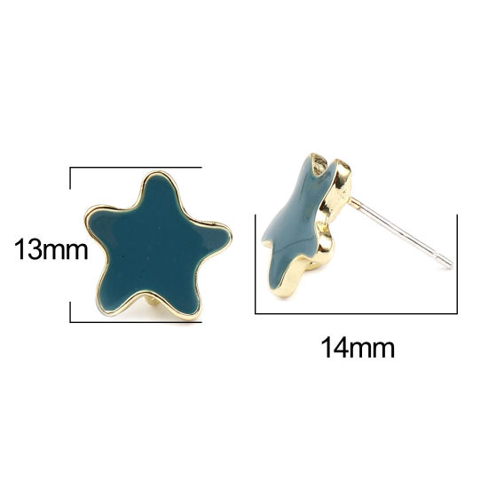 Image de Boucles d'Oreilles Puces Bijoux d'Océan en Alliage de Zinc Etoile de Mer Bleu Paon Doré avec Boucle 13mm x 13mm, Epaisseur de Fil: (21 gauge), 2 Paires