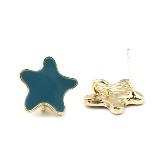 Image de Boucles d'Oreilles Puces Bijoux d'Océan en Alliage de Zinc Etoile de Mer Bleu Paon Doré avec Boucle 13mm x 13mm, Epaisseur de Fil: (21 gauge), 2 Paires