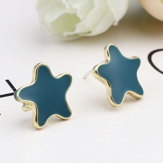 Image de Boucles d'Oreilles Puces Bijoux d'Océan en Alliage de Zinc Etoile de Mer Bleu Paon Doré avec Boucle 13mm x 13mm, Epaisseur de Fil: (21 gauge), 2 Paires