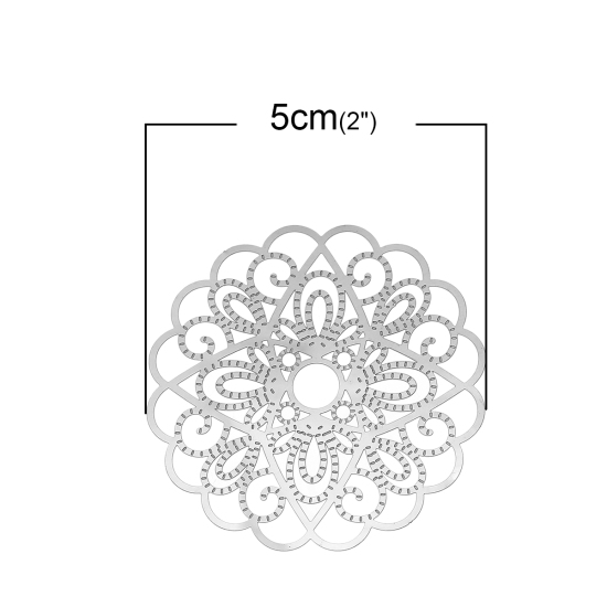 304ステンレス鋼 ハンドメイド  フィリグリー   透かしパーツ  花 シルバートーン 0.3mm 50mm x 50mm、 10 個 の画像
