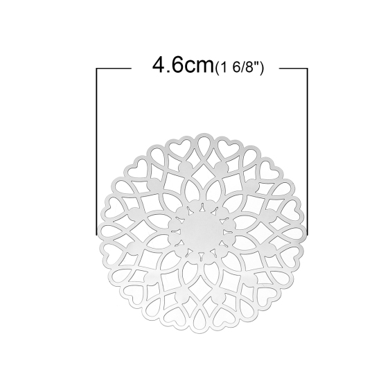 Image de Cabochons d'Embellissement Estampe en Filigrane Creux en 304 Acier Inoxydable Rond Fleurs Gravé Argent Mat 4.6cm Dia, 10 Pcs