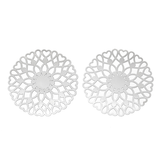 Image de Cabochons d'Embellissement Estampe en Filigrane Creux en 304 Acier Inoxydable Rond Fleurs Gravé Argent Mat 4.6cm Dia, 10 Pcs