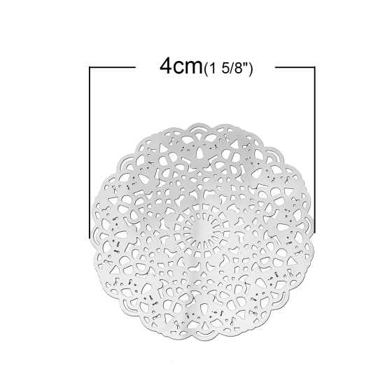 304ステンレス鋼 ハンドメイド  フィリグリー   透かしパーツ  花 シルバートーン 厚さ：0.3mm 40mm x 40mm、 10 個 の画像