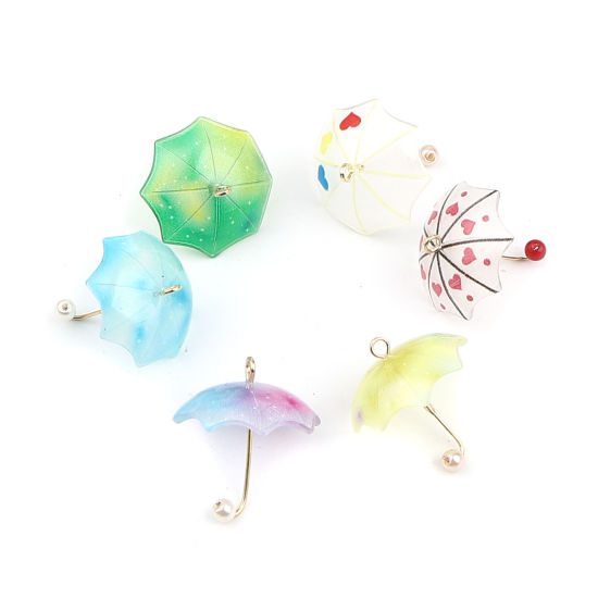 Image de Breloques en Alliage de Zinc+Résine Parapluie Imitation Perles Doré Vert 20mm x 18mm, 5 Pcs