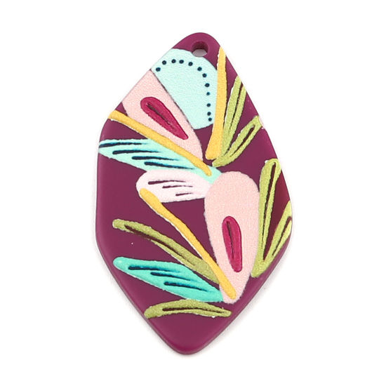 Bild von Harz Anhänger Polygon Lila , mit Blumen Muster, 46mm x 26mm, 3 Stück